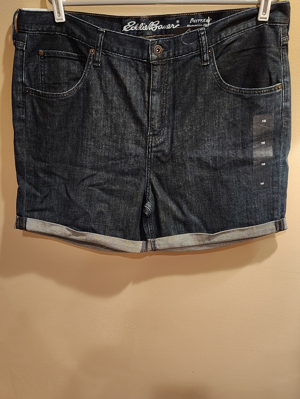 NEW Eddie Bauer Plus Size 16 Dark Blue Denim Roll-Cuff Shorts WM